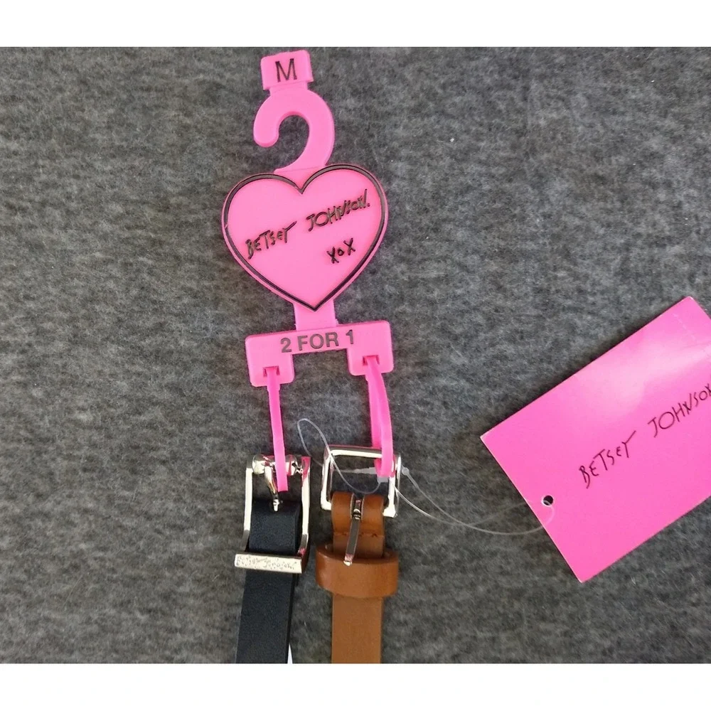 Betsey Johnson Skinny Belt Set of 2 Black & Cognac Leopard Underside Women M NWT